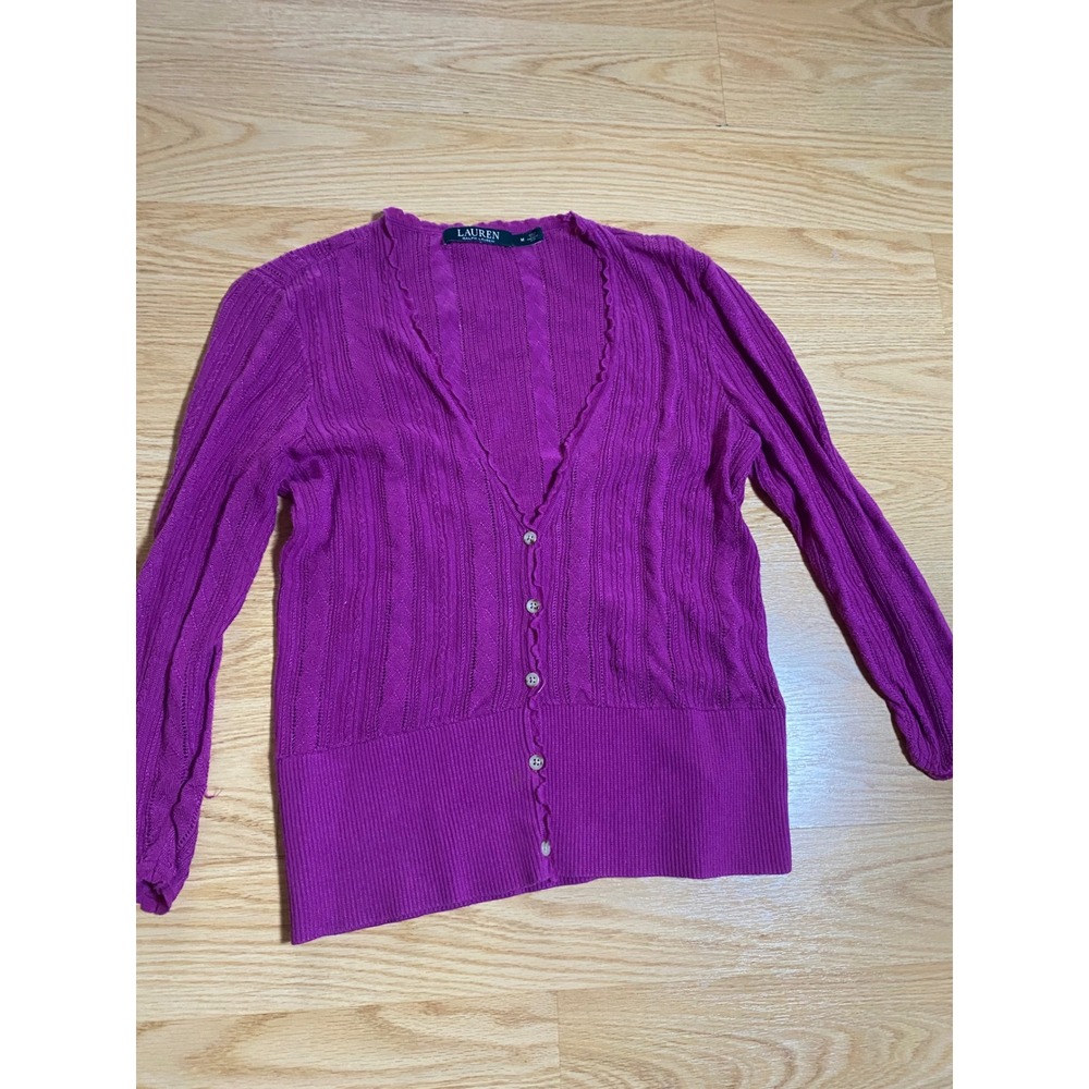 Lauren Ralph Lauren Purple Pointelle Cable Knit Cardigan Scalloped Trim Medium